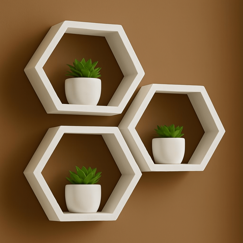 Hexagon Wooden Wall Shelves – Modern Home Decor | Floating Wall Shelf Set for Living Room, Bedroom & Office | Mini Wood Craft Pakistan - Mini Wood Craft