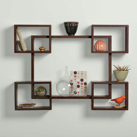 Geometric Wall Shelf | Laminated MDF Floating Display Rack – White, Black & Brown - Mini Wood Craft