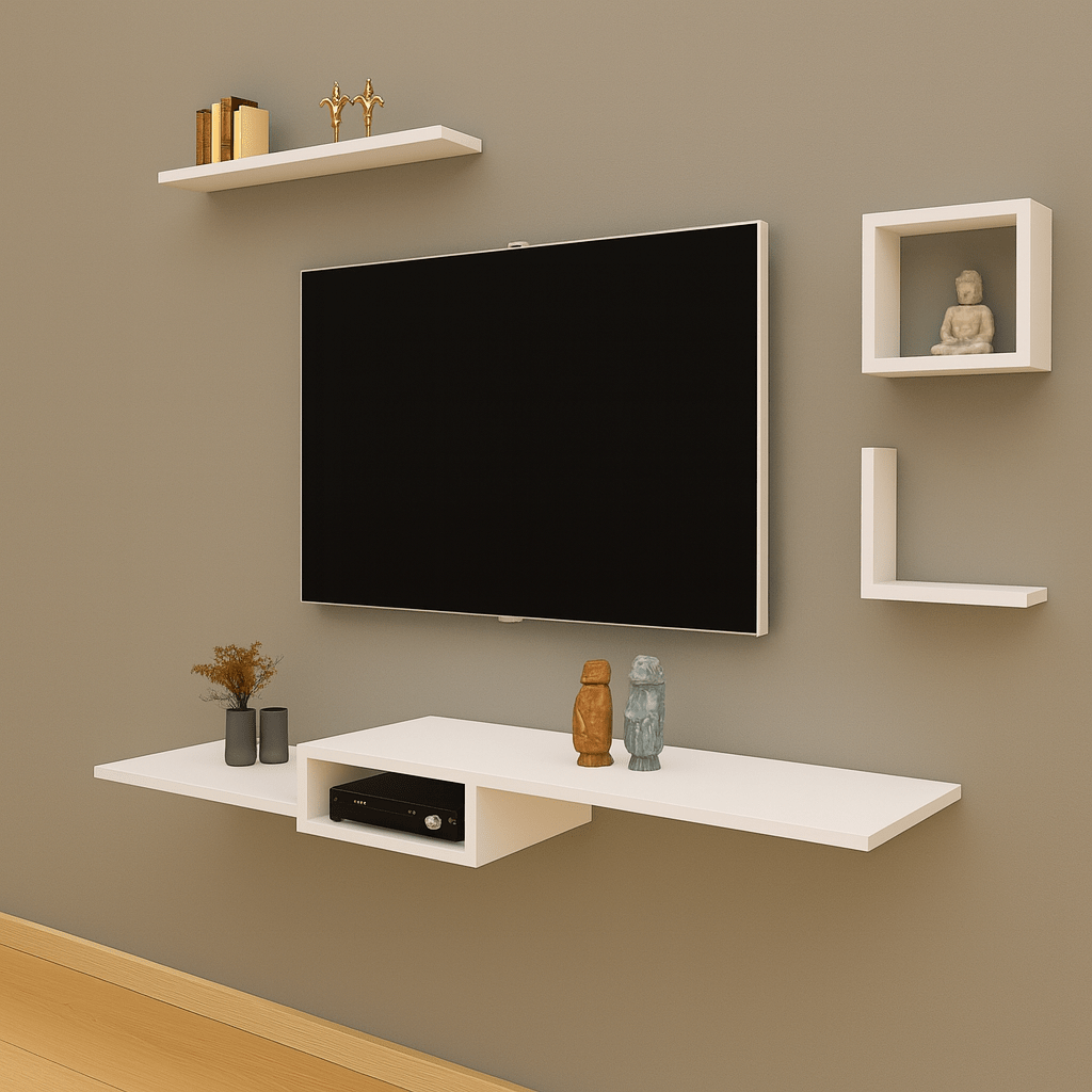 Modern Floating TV Console Shelf | Laminated MDF Wall - Mounted Media Rack – White, Black & Brown - Mini Wood Craft