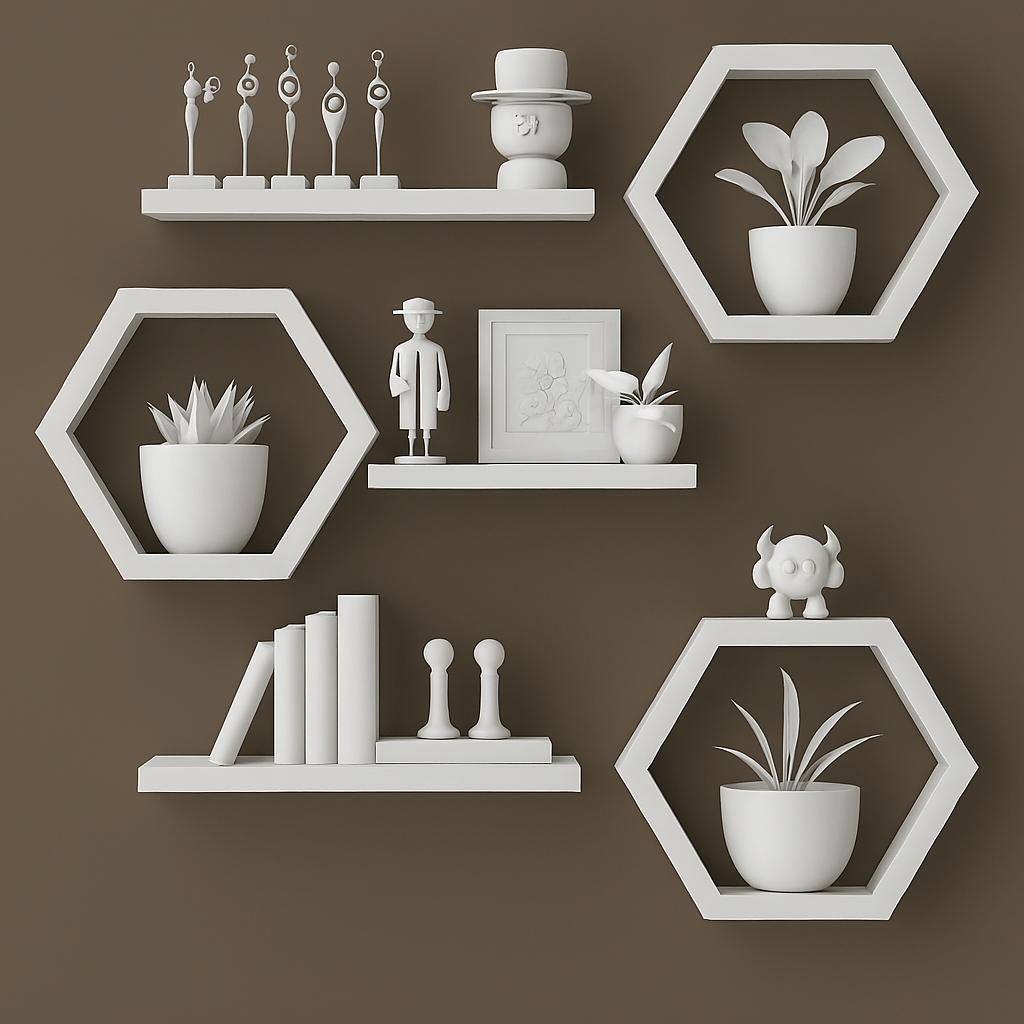 Modern Floating Wall Shelves Set – Hexagon & Rectangle Design | Decorative Display Shelves for Living Room & Bedroom | Wooden Wall Storage (Black / White / Brown) - Mini Wood Craft