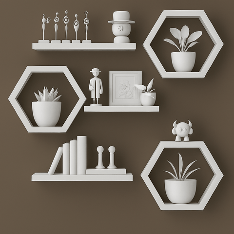 Modern Floating Wall Shelves Set – Hexagon & Rectangle Design | Decorative Display Shelves for Living Room & Bedroom | Wooden Wall Storage (Black / White / Brown) - Mini Wood Craft